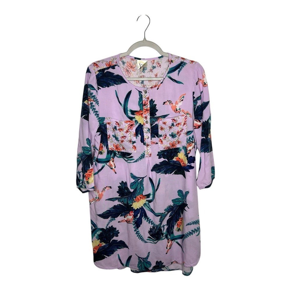 Fig And Flower Tunic Top Womens XL‎ Purple Floral Buttons Anthropologie Rayon